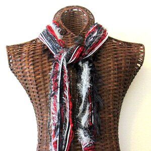 Red Black Silver White String Scarf 76" Winter Yarn Wash Dry OOAK Handmade